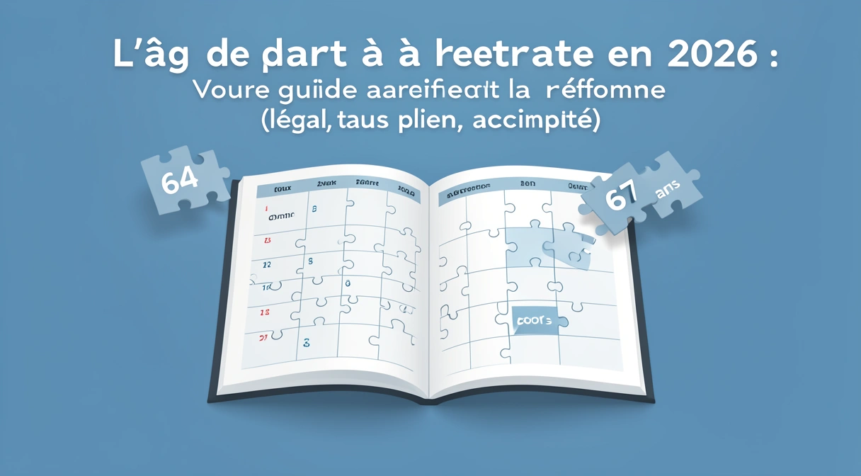 Illustration d'un calendrier 2026 avec des pièces de puzzle représentant l'âge légal et le taux plein