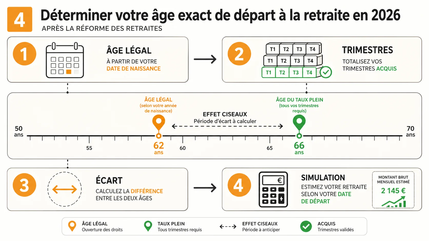 Infographie en étapes : "1. Vérifiez votre âge légal, 2. Comptez vos trimestres, 3. Calculez l'écart, 4. Simulez la pension"