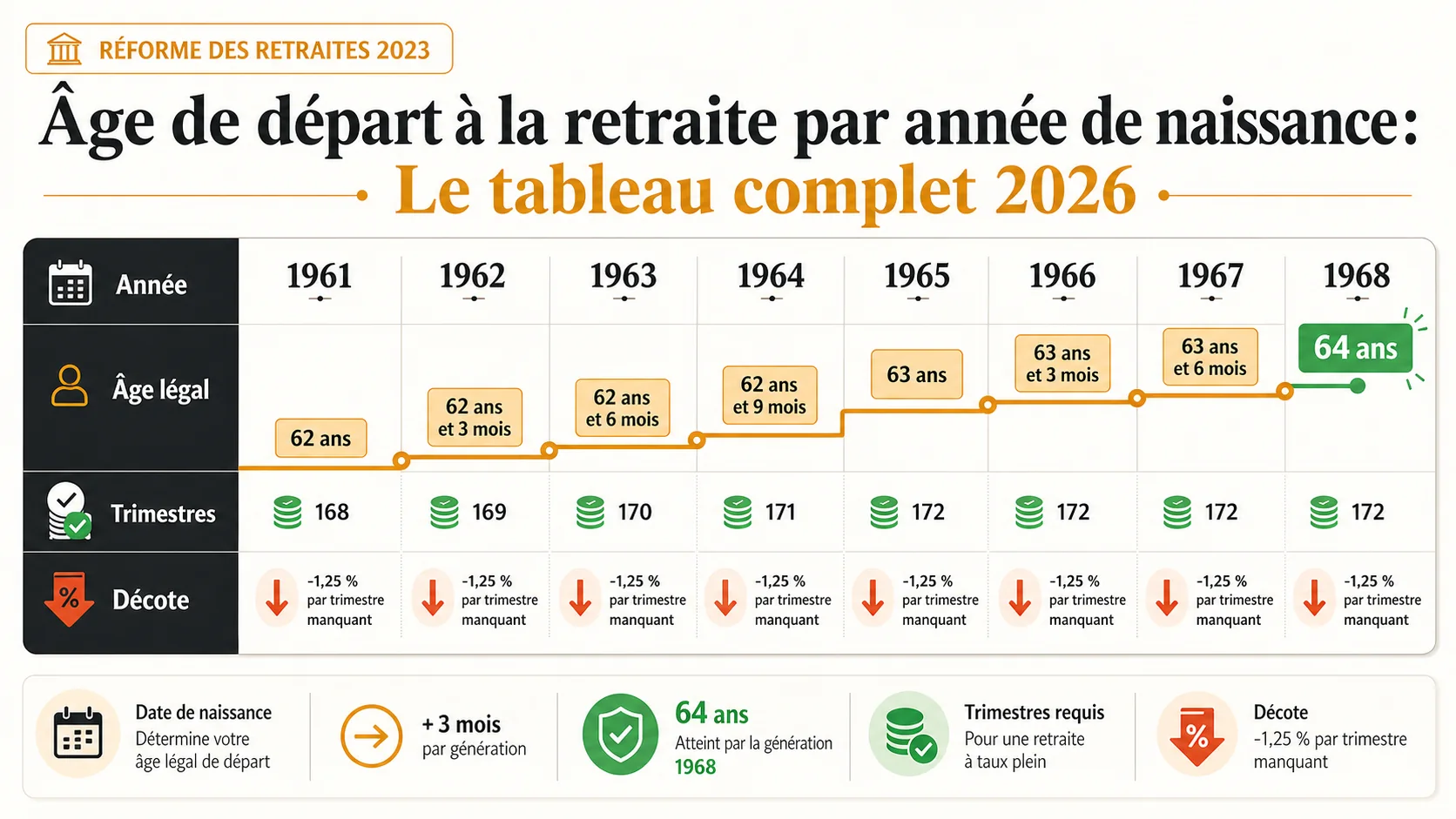 Âge de départ à la retraite par année de naissance : Le tableau complet 2026
