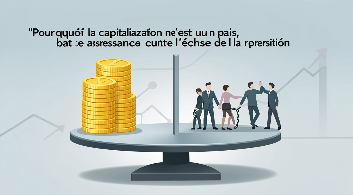 Illustration conceptuelle montrant une balance : d'un côté, une tour de pièces d'or solide représentant la capitalisation, de l'autre, une chaîne de personnes se tenant la main, fragile et qui se brise, symbolisant la répartition