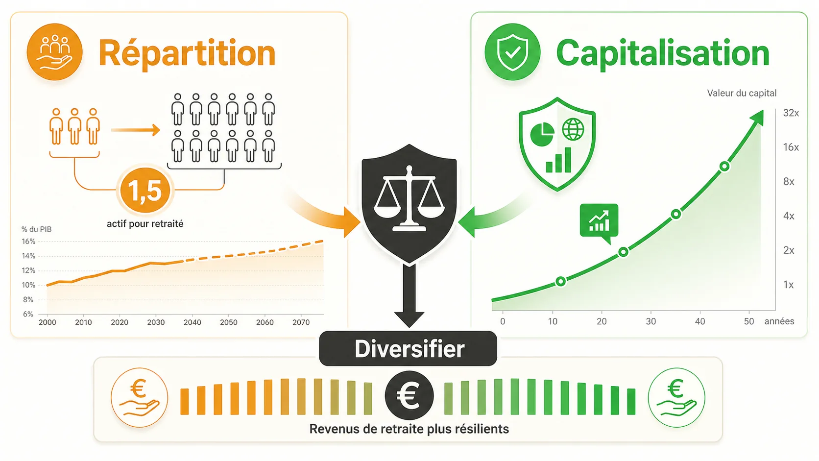 Capture d'écran du tableau de bord de l'outil "Simuler Ma Retraite" montrant une comparaison côte à côte des projections de pension à 65 ans pour un profil type, avec des courbes de croissance distinctes pour la répartition (linéaire, plate) et la capitalisation (exponentielle)