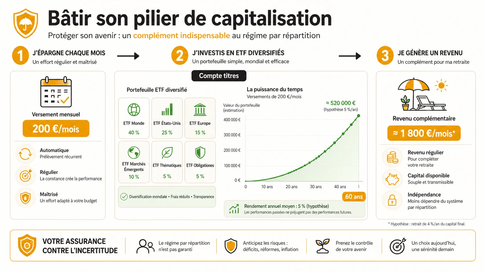 Capture d'écran de l'interface d'un compte titres ordinaire (CTO) sur une plateforme de courtage en ligne comme Boursorama ou Fortuneo, montrant un portefeuille diversifié avec des ETF mondiaux et l'historique des versements programmés