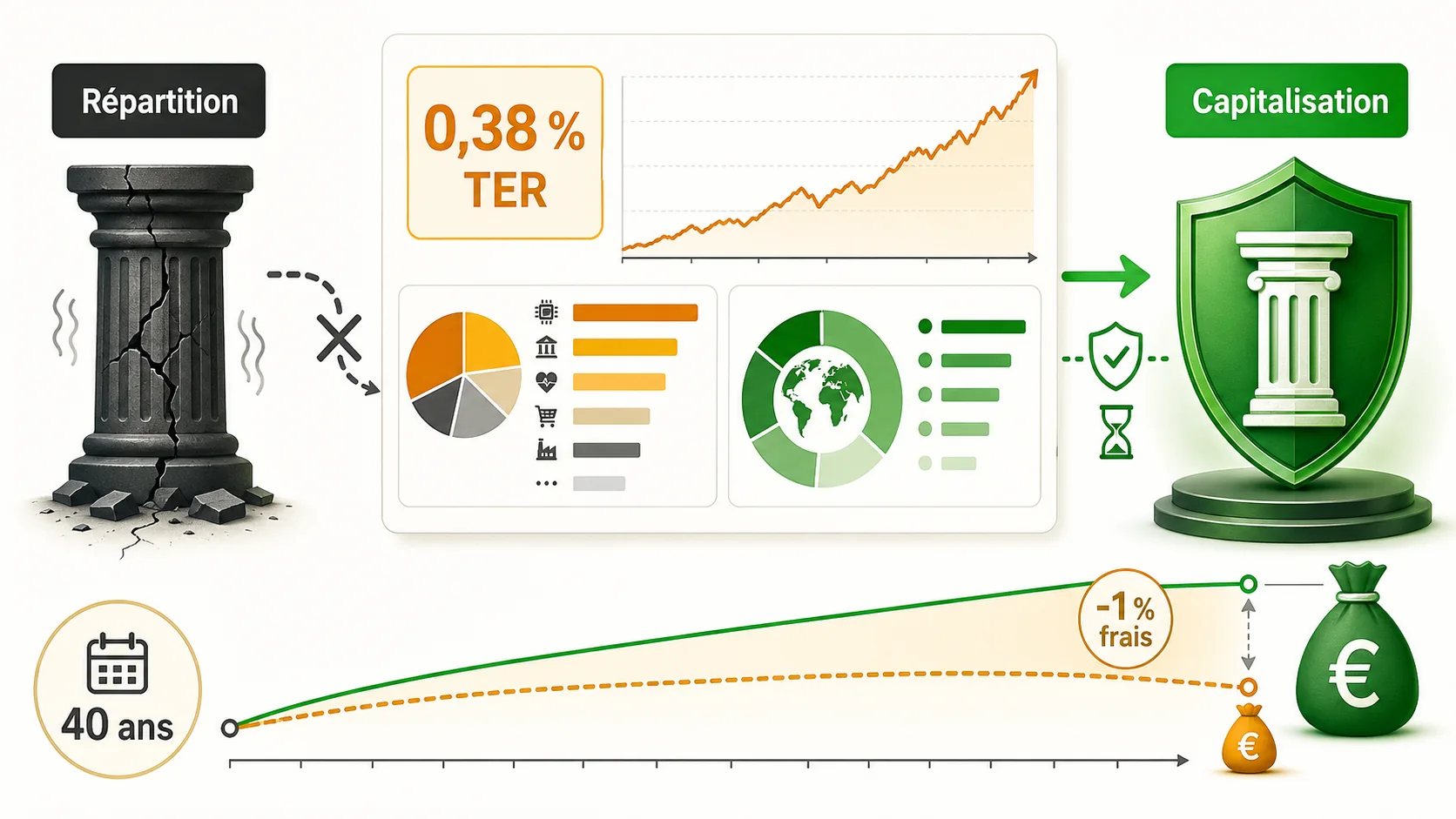 Capture d'écran d'une fiche produit détaillée d'un ETF sur le site JustETF, montrant la courbe de performance, la composition sectorielle et géographique, et les frais annuels (TER) très bas