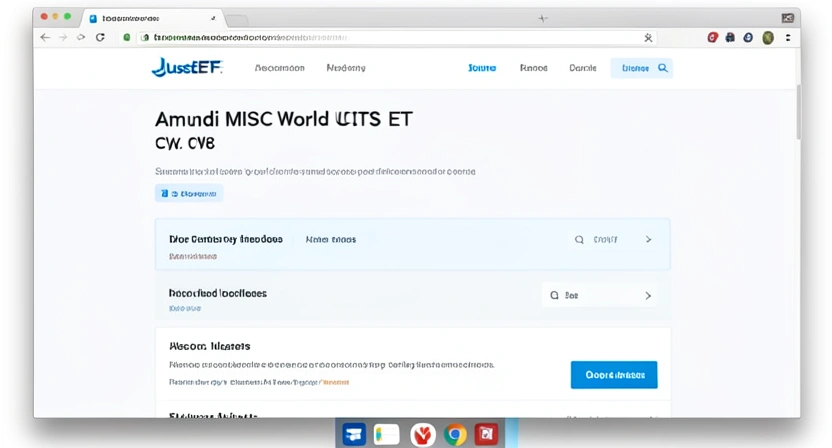 Capture d'écran d'une fiche produit détaillée d'un ETF sur le site JustETF, montrant la courbe de performance, la composition sectorielle et géographique, et les frais annuels (TER) très bas