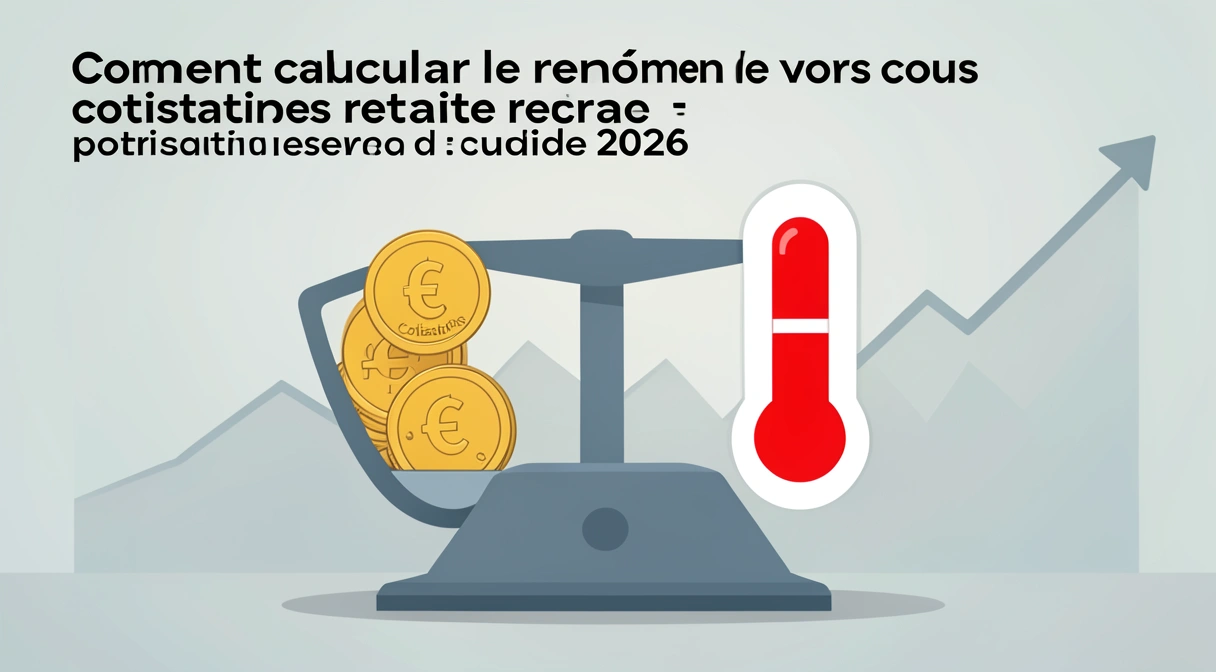 Graphique conceptuel montrant une balance entre des pièces d'euro étiquetées "Cotisations" et un thermomètre de rendement affichant une valeur négative, avec en arrière-plan un graphique de performance financière en baisse