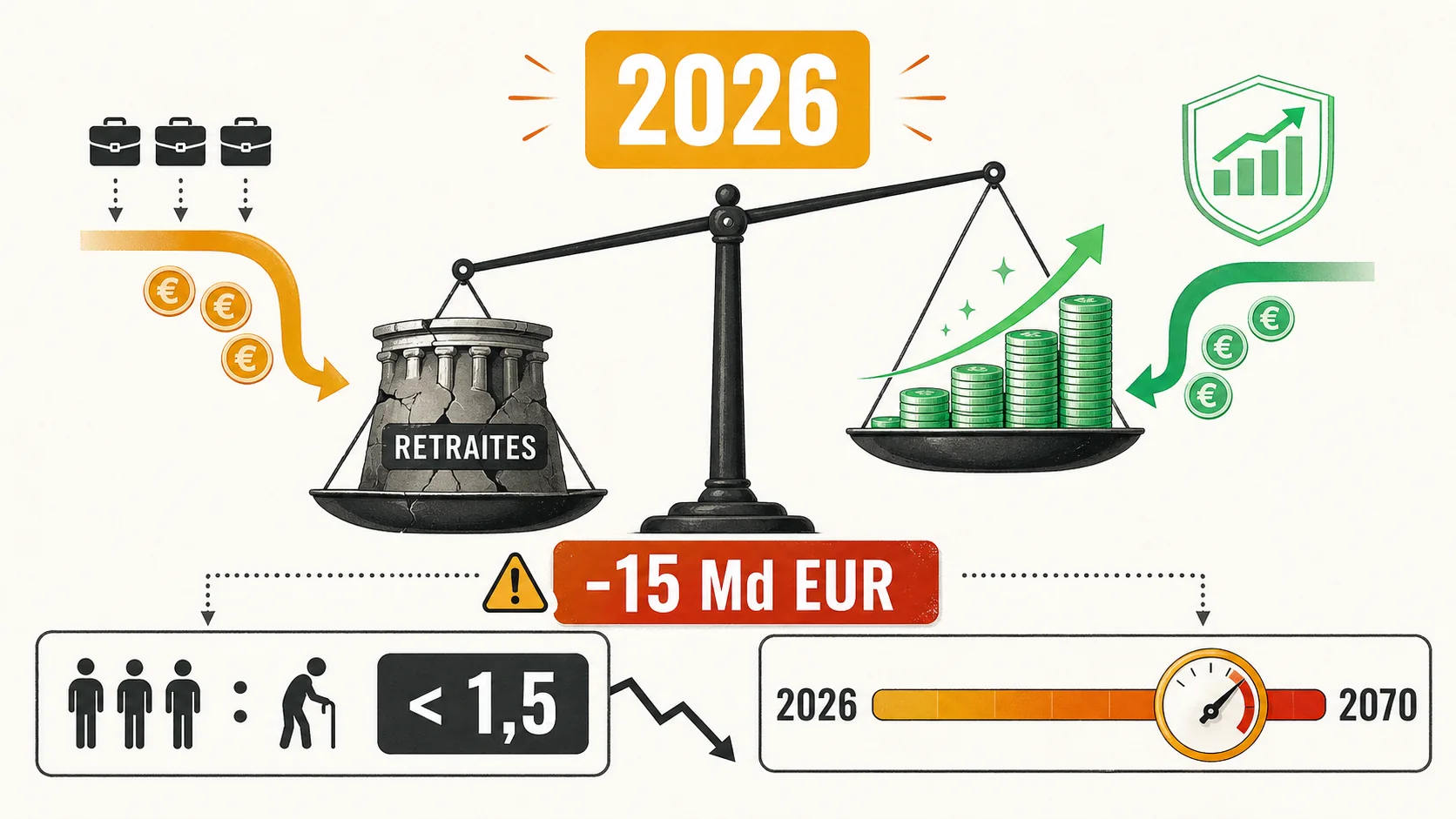 Graphique en barres extrait d'un rapport du COR montrant l'évolution du ratio actifs/retraités et du déficit de l'Assurance Vieillesse jusqu'en 2070