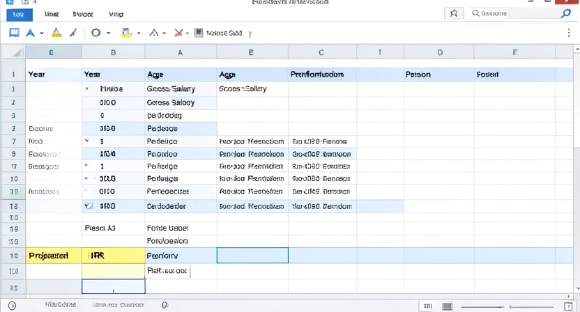 Capture d'écran d'une feuille de calcul Excel ou Google Sheets avec des colonnes pour les années, les salaires, les cotisations, les pensions projetées et la formule de calcul du TRI (IRR)