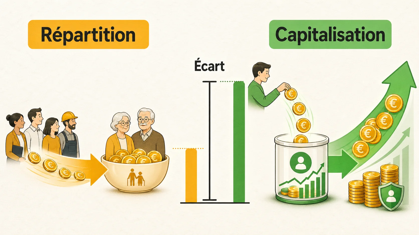 Diagramme schématique montrant le flux d'argent dans un système par répartition versus un système par capitalisation