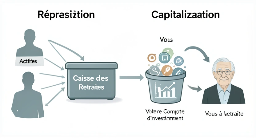 Diagramme schématique montrant le flux d'argent dans un système par répartition versus un système par capitalisation