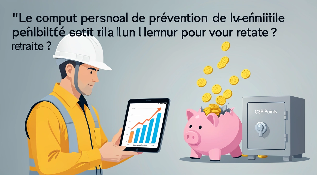 Illustration conceptuelle du compte personnel de prévention de la pénibilité (C3P) : un ouvrier sur un chantier regarde un écran affichant un graphique de retraite en forte baisse, tandis que des pièces d'or tombent dans une tirelire brisée étiquetée "Capitalisation".
