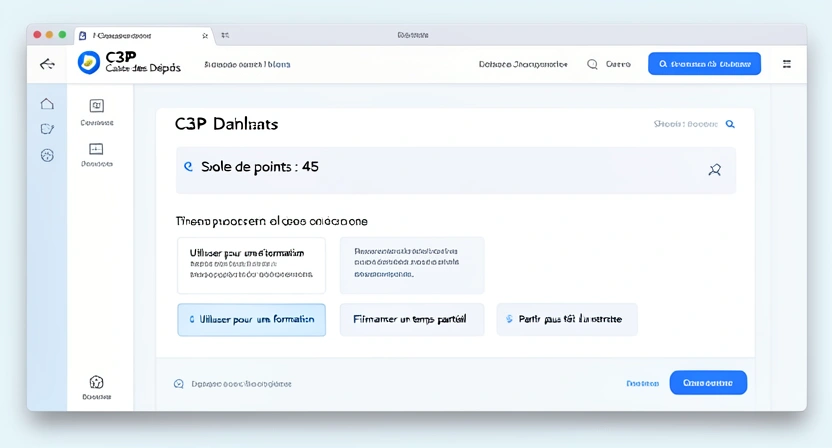 Capture d'écran du site officiel du Compte Personnel de Prévention de la Pénibilité (C3P) sur le portail de la Caisse des Dépôts, montrant le tableau de bord personnel avec le solde de points et les options d'utilisation.