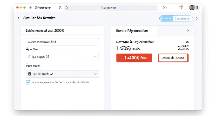 Capture d'écran du simulateur Simuler Ma Retraite avec des champs pré-remplis pour un ouvrier du BTP : salaire, âge, et une case à cocher "Exposition à la pénibilité" activée, montrant deux colonnes de résultats "Répartition" et "Capitalisation".