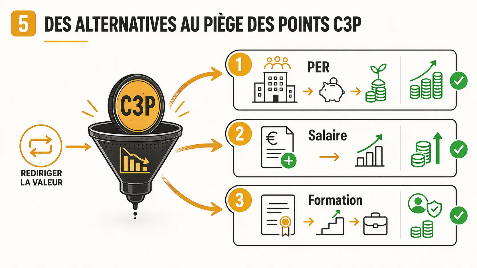 Infographie montrant trois stratégies alternatives au C3P : 1. Négocier un PER d'entreprise, 2. Demander une augmentation de salaire équivalente, 3. Utiliser les points C3P pour une formation qualifiante.