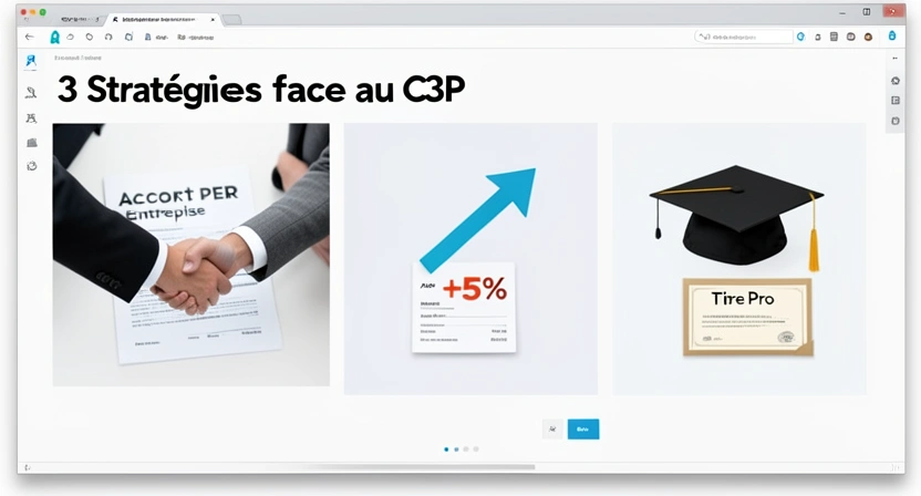 Infographie montrant trois stratégies alternatives au C3P : 1. Négocier un PER d'entreprise, 2. Demander une augmentation de salaire équivalente, 3. Utiliser les points C3P pour une formation qualifiante.