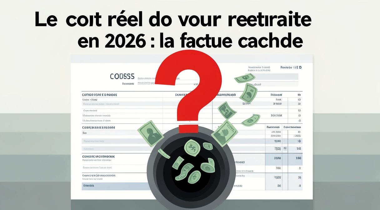 Illustration d'une fiche de paie avec des lignes de cotisations floues et un gros point d'interrogation rouge
