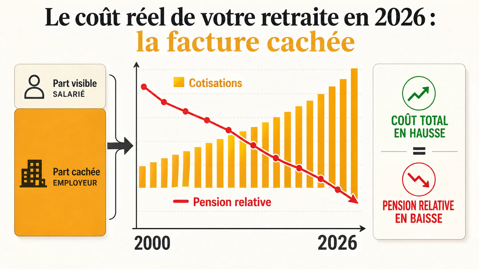 Graphique en barres comparant la croissance des cotisations et le taux de remplacement des pensions depuis 2000
