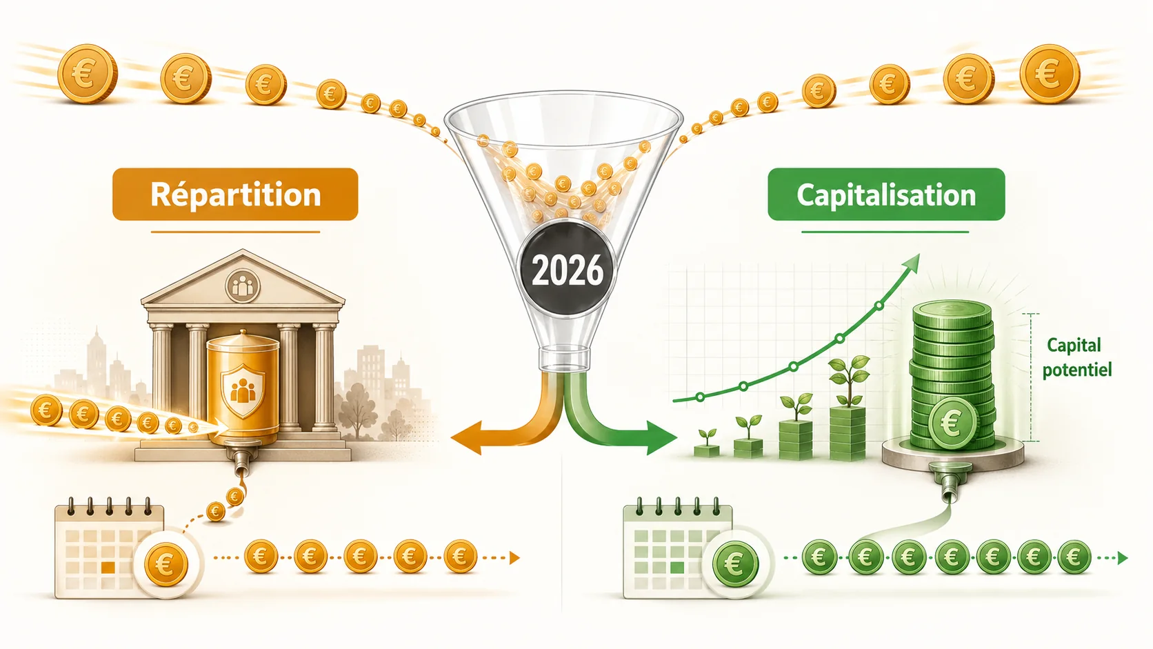 Interface du simulateur Simuler Ma Retraite montrant une comparaison côte à côte entre répartition et capitalisation