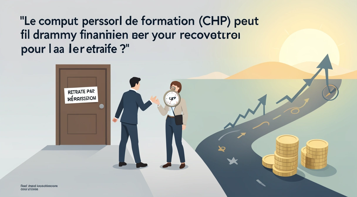 Illustration conceptuelle d'une personne à un carrefour professionnel, avec d'un côté un chemin étroit et gris menant à une porte étiquetée "Retraite par répartition", et de l'autre un chemin plus large avec des symboles de croissance (graphiques, pièces qui s'empilent) menant à un horizon ensoleillé. La personne tient une boussole marquée "CPF" et regarde les deux options.