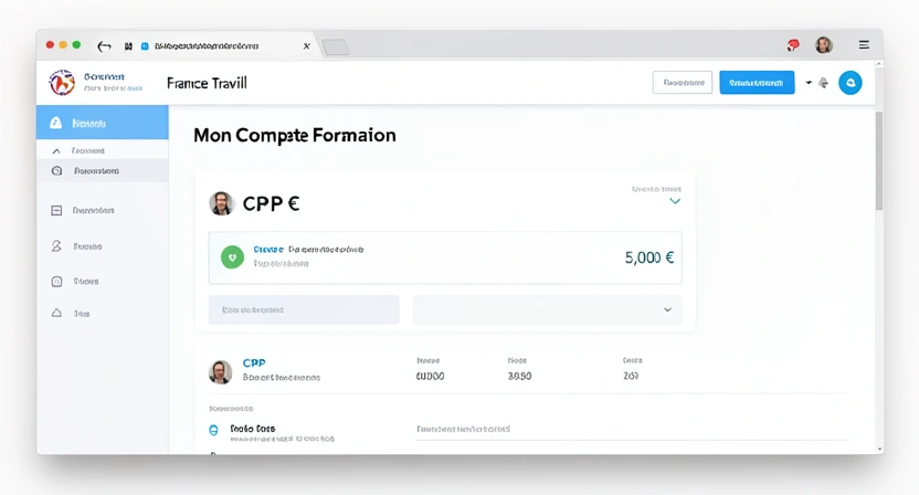 Capture d'écran du tableau de bord Mon Compte Formation sur France Travail, montrant le solde CPF en euros (ex: 5 000 €), les droits disponibles, et une liste de formations éligibles avec des filtres par métier et par financement.