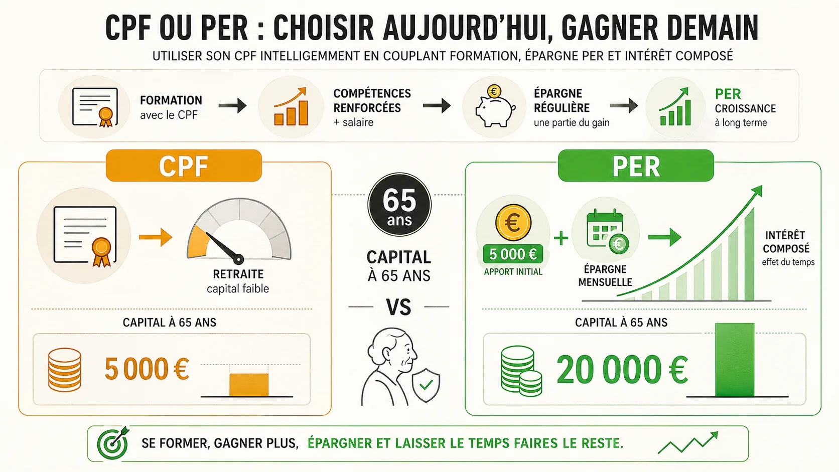 Capture d'écran d'un tableur de calcul financier comparant deux scénarios : "Scénario A : Utilisation CPF pour formation" et "Scénario B : Épargne du même montant en PER". Les colonnes montrent le capital final à 65 ans, avec un écart important en faveur du PER.