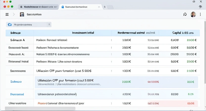 Capture d'écran d'un tableur de calcul financier comparant deux scénarios : "Scénario A : Utilisation CPF pour formation" et "Scénario B : Épargne du même montant en PER". Les colonnes montrent le capital final à 65 ans, avec un écart important en faveur du PER.