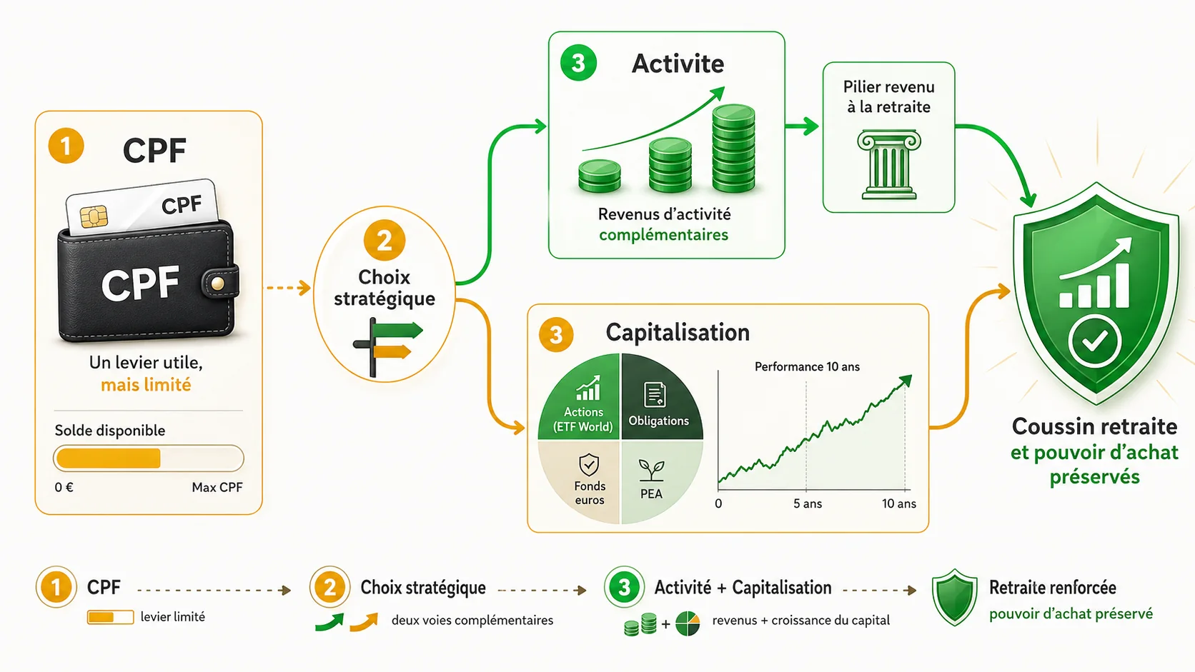 Capture d'écran d'une interface de gestion de portefeuille d'investissement type "Boursorama Banque" ou "Fortuneo", montrant la répartition d'un portefeuille entre actions, obligations et fonds euros, avec une courbe de performance ascendante sur 10 ans.