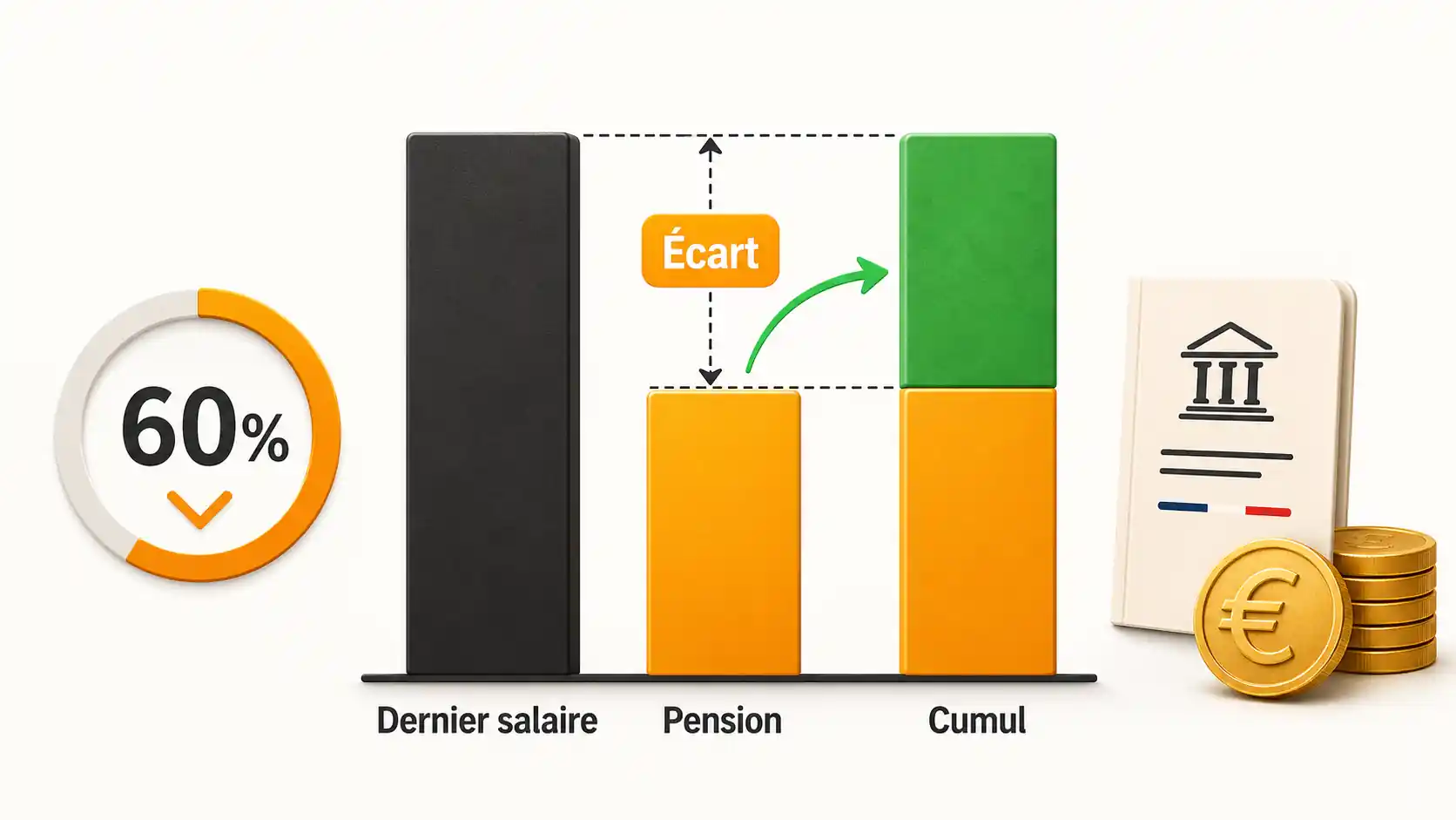 Graphique en barres montrant l'écart entre le dernier salaire et la pension moyenne