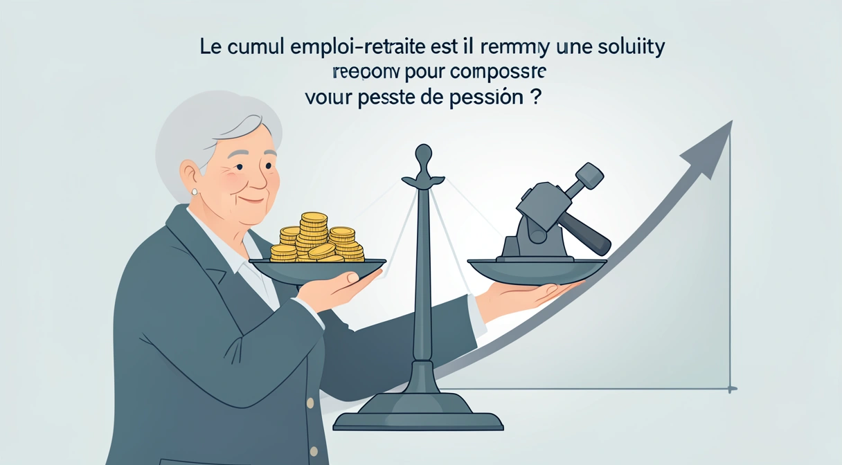 Illustration conceptuelle d'un retraité tenant une balance : d'un côté une petite pile de pièces représentant sa pension, de l'autre un marteau et une enclume symbolisant le travail, avec un graphique en arrière-plan montrant une courbe descendante