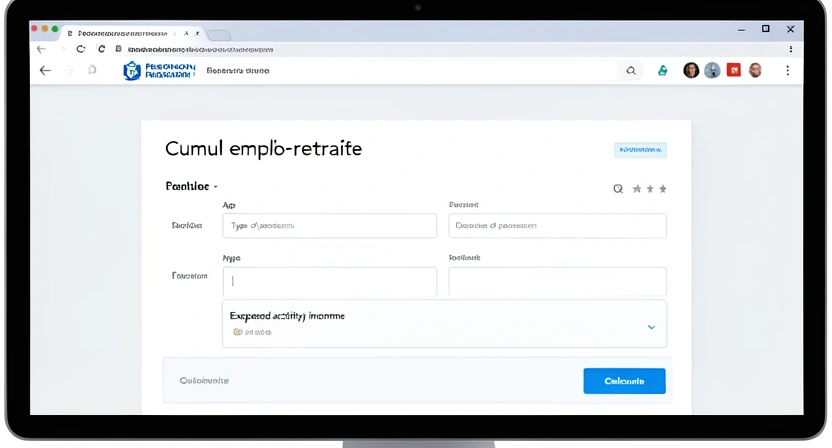 Capture d'écran du simulateur officiel de l'Assurance Retraite montrant la section "Cumul emploi-retraite" avec des champs à remplir : âge, type de pension, revenus d'activité prévus