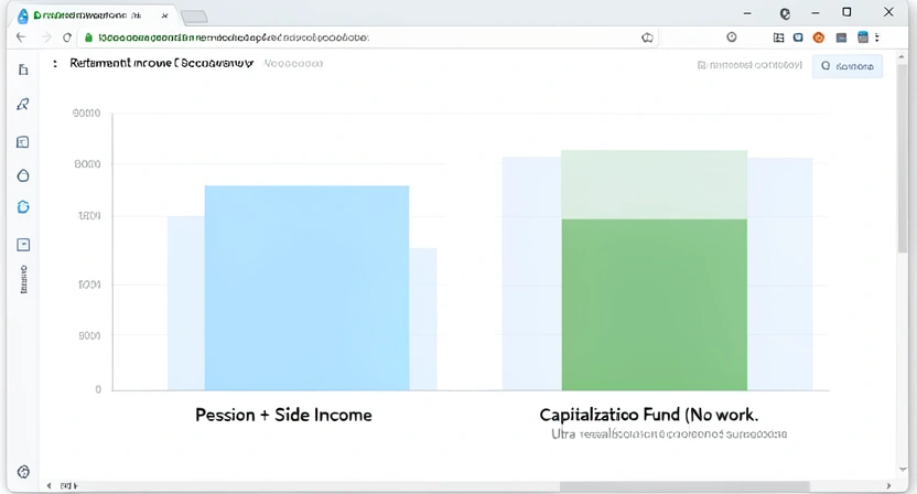 Graphique à barres comparant deux scénarios : à gauche, "Pension Répartition + Cumul", montrant une barre modeste ; à droite, "Capitalisation (sans travail)", montrant une barre deux fois plus haute. Données fictives mais réalistes.