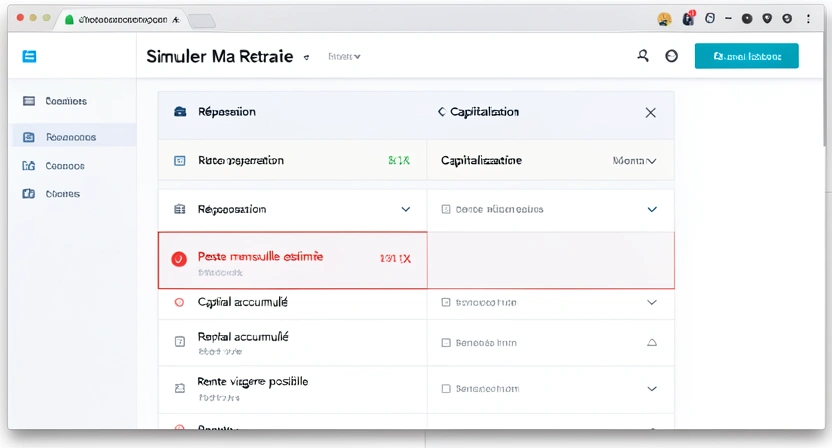 Capture d'écran de l'interface du simulateur Simuler Ma Retraite montrant un tableau de résultats avec deux colonnes : "Répartition" et "Capitalisation". Des chiffres en rouge indiquent la "Perte mensuelle".