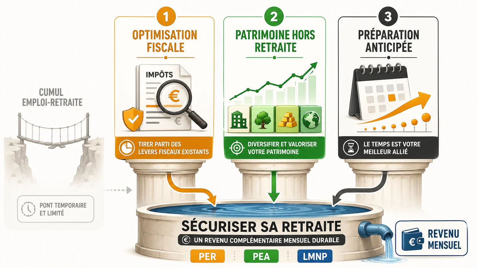 Infographie montrant trois piliers : "Optimisation fiscale existante", "Patrimoine hors retraite", "Préparation anticipée". Chaque pilier contient des icônes (loupe, graphique, calendrier).