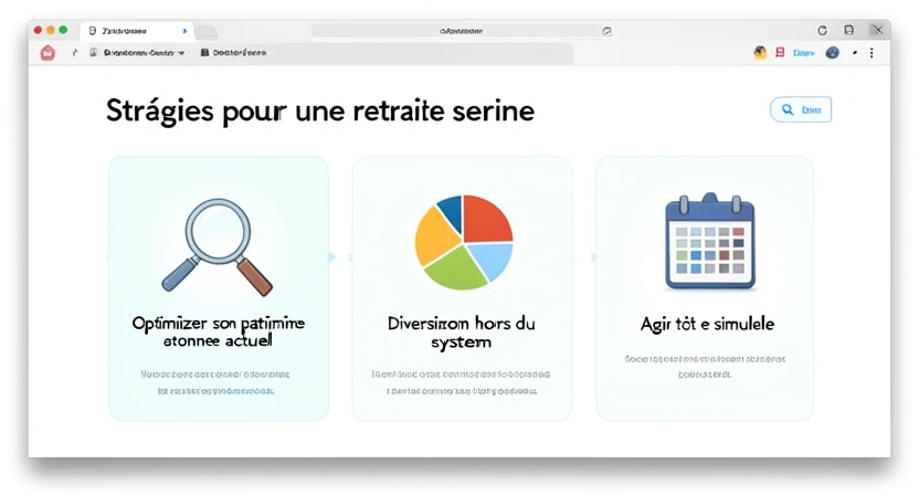 Infographie montrant trois piliers : "Optimisation fiscale existante", "Patrimoine hors retraite", "Préparation anticipée". Chaque pilier contient des icônes (loupe, graphique, calendrier).