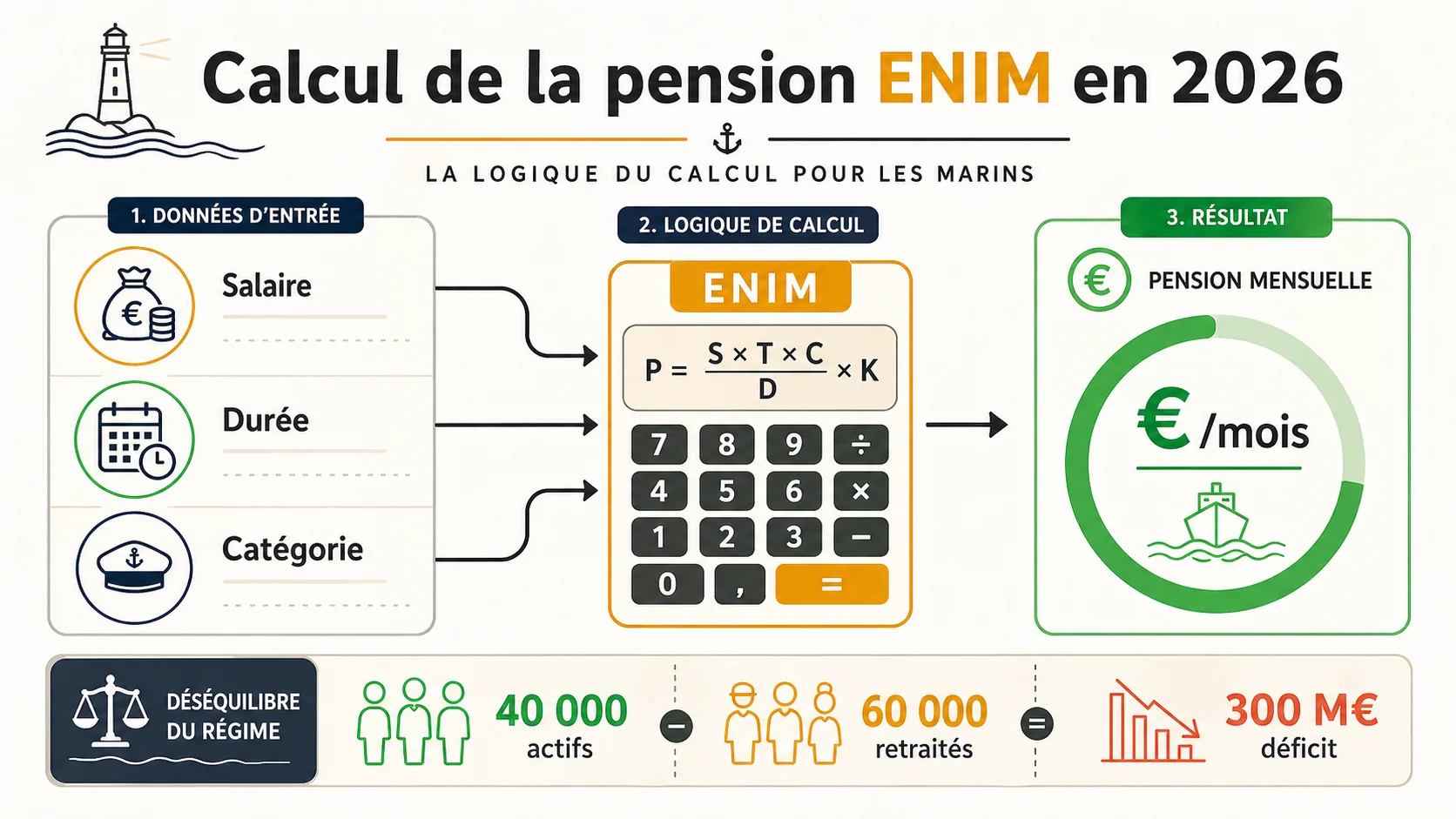 Capture d'écran d'un simulateur de retraite ENIM montrant les champs de saisie et les résultats