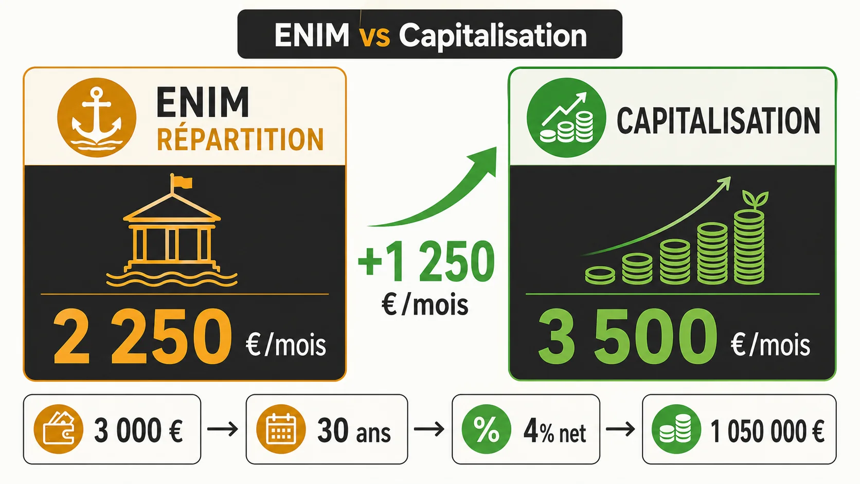 Tableau comparatif entre la répartition et la capitalisation pour un marin, avec des chiffres clés