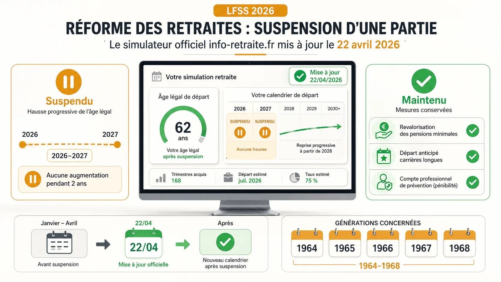 Écran d'ordinateur affichant un simulateur de retraite officiel, ambiance bureau personnel