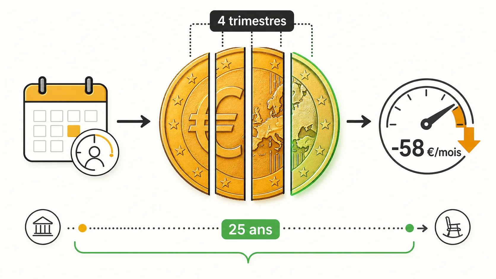 Pièce euro découpée par quatre lignes verticales représentant des trimestres manquants, contour charcoal et remplissage ambre, accent vert sur la portion conservée, illustration éditoriale factuelle