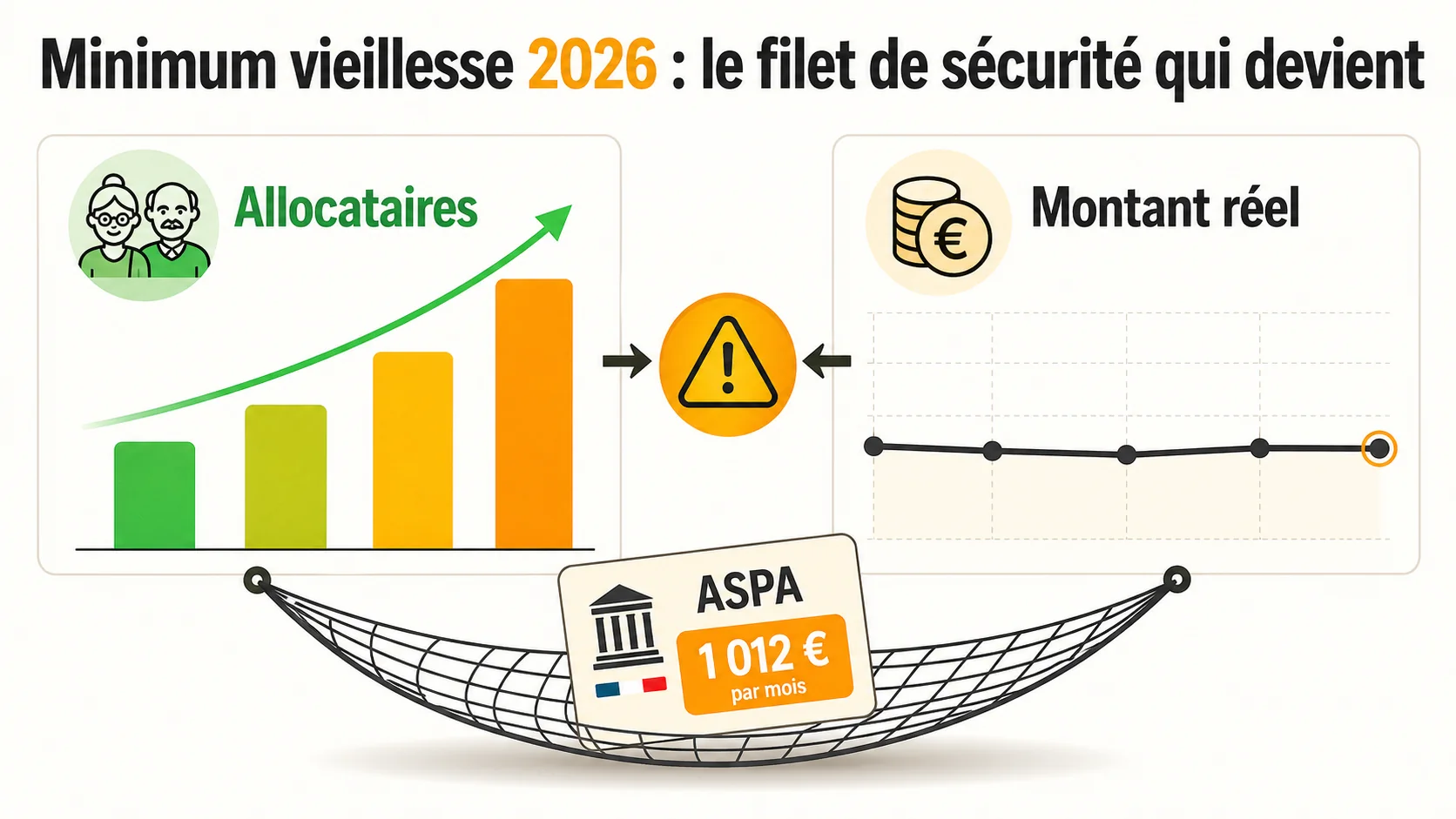 Graphique en barres montrant la croissance du nombre d'allocataires ASPA versus la stagnation du montant réel