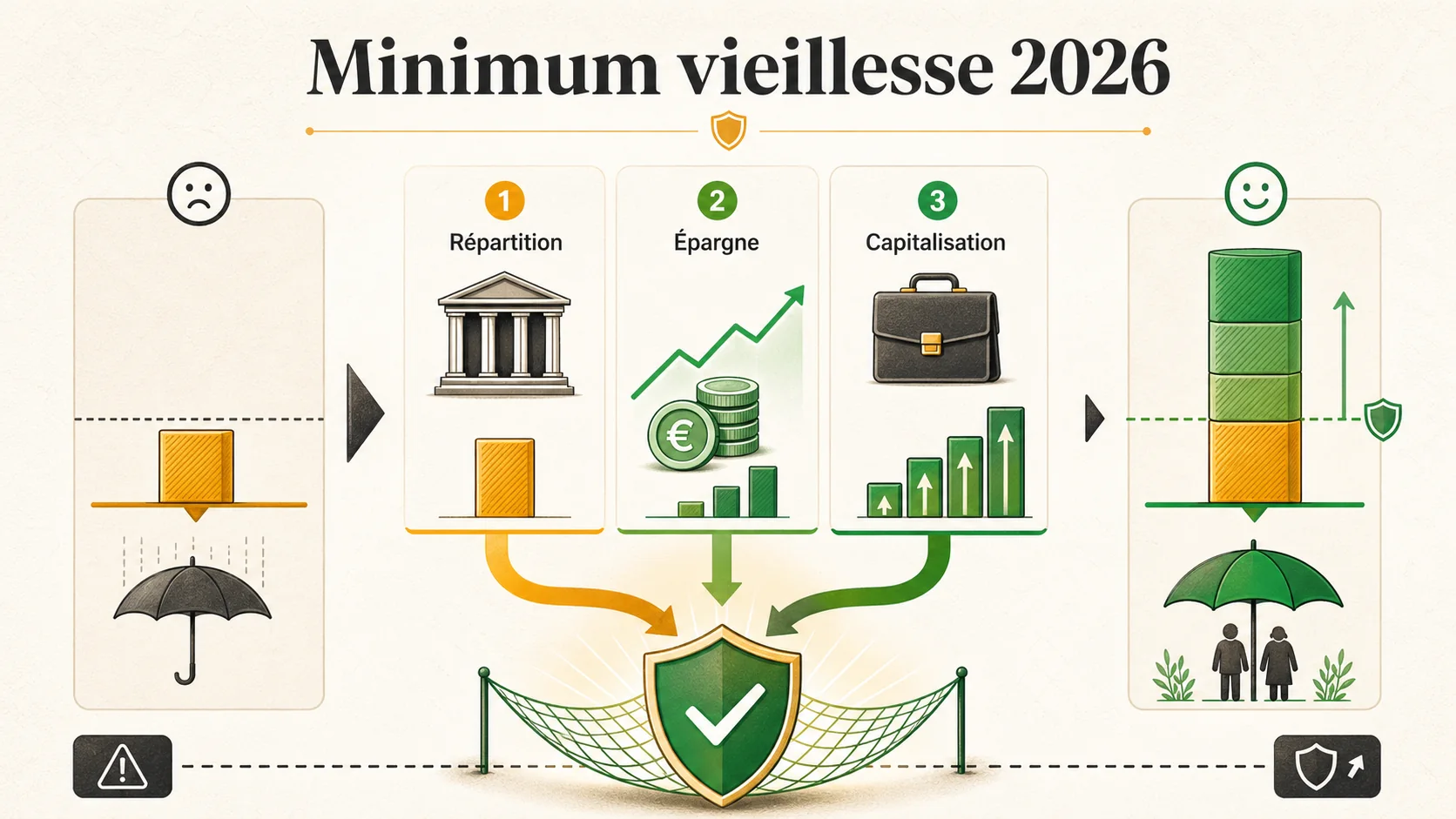 Diagramme de flux montrant trois piliers : Répartition, Épargne personnelle, Capitalisation professionnelle
