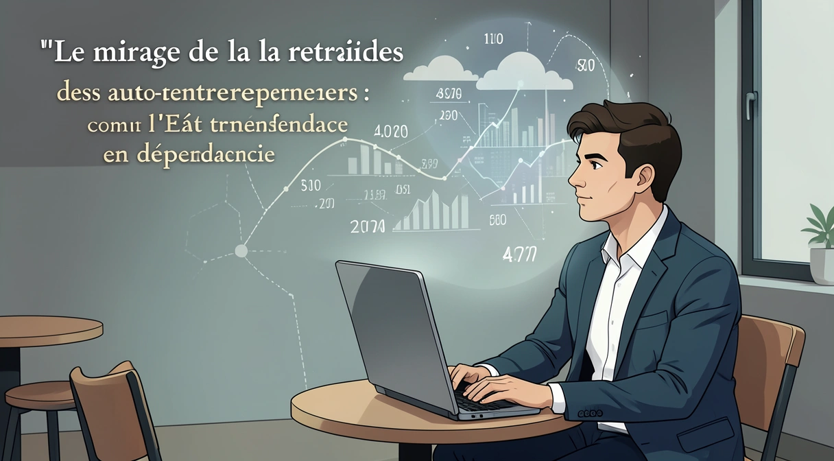 Illustration d'un auto-entrepreneur regardant un mirage de palmiers et d'une plage, qui se dissipe pour révéler un graphique de pension minimale