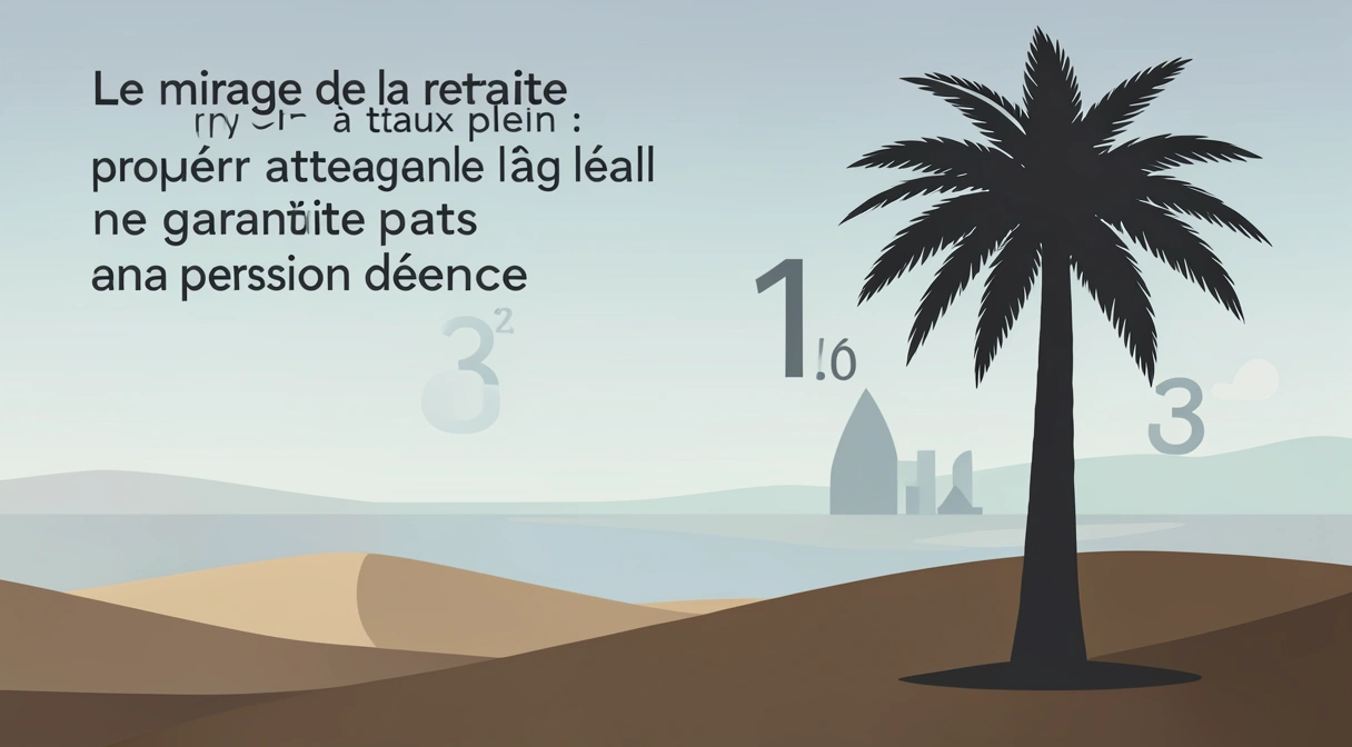 Illustration d'un mirage dans le désert, avec une silhouette qui atteint un palmier qui se dissipe en chiffres et en graphiques de pension
