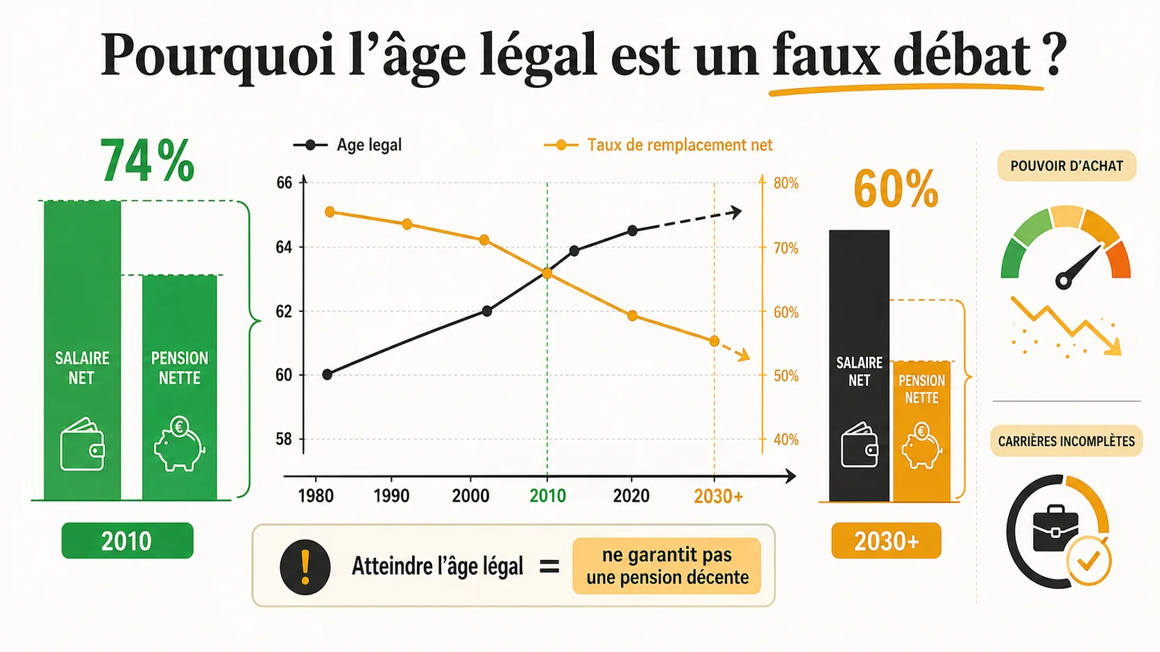 Graphique en barres montrant l'évolution du taux de remplacement et de l'âge légal depuis 1980