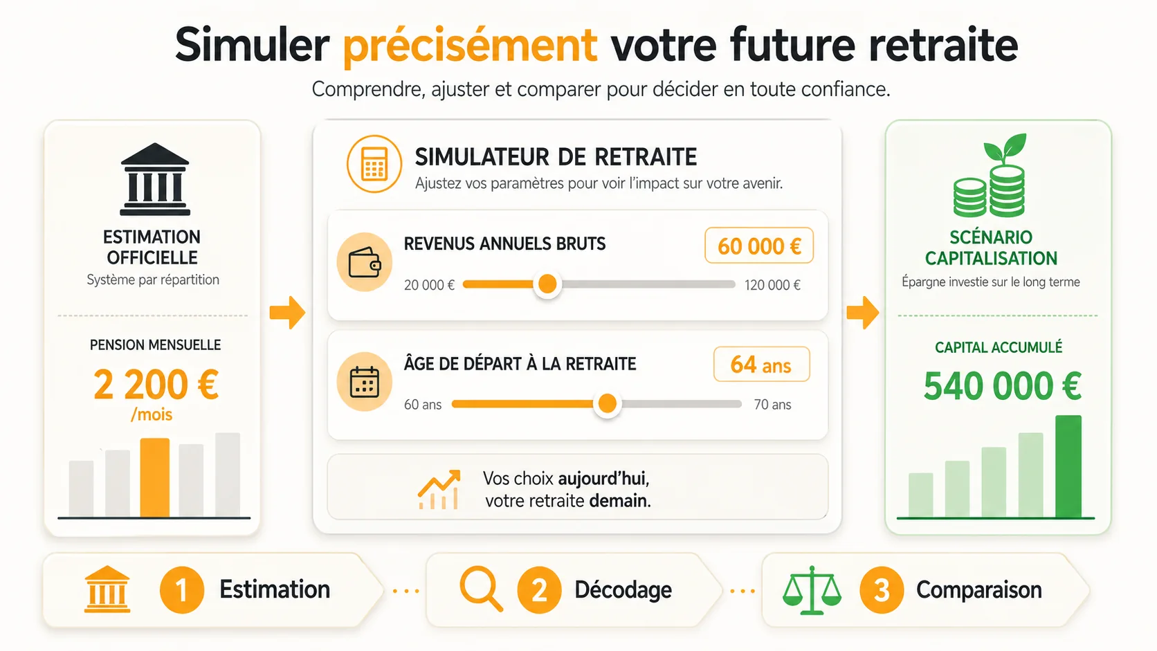 Interface détaillée du simulateur Simuler Ma Retraite avec des curseurs sur le salaire et l'âge