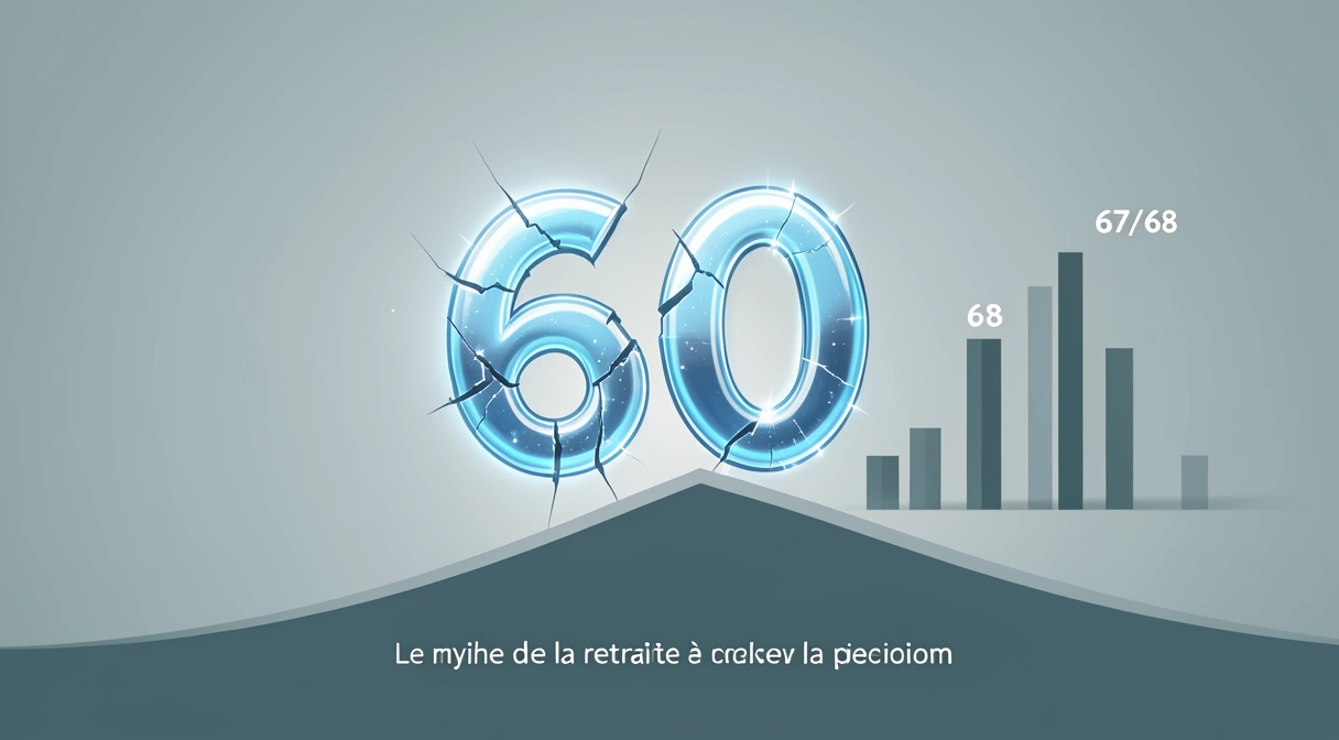 Illustration conceptuelle du mythe de la retraite à 60 ans : une main tendue vers un chiffre 60 brillant au loin, qui se brise comme un mirage pour révéler derrière une ligne d'horizon repoussée à 67 ou 68 ans, avec un graphique en barres montrant une pension qui rétrécit