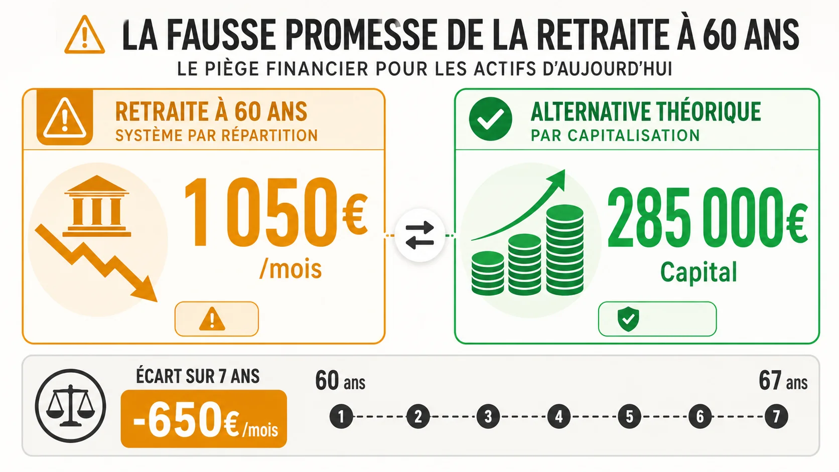 Capture d'écran du tableau de bord du simulateur "Simuler Ma Retraite" montrant une comparaison côte à côte entre une pension répartition à 60 ans (1 050€/mois) et un capital théorique en capitalisation (285 000€)