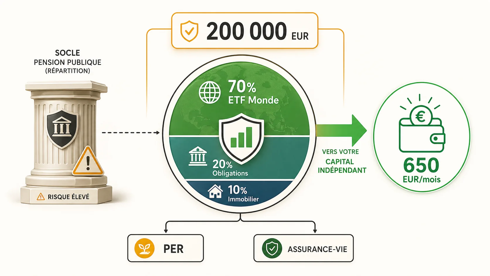 Capture d'écran d'une interface de gestion de portefeuille en ligne (type Boursorama, Fortuneo) montrant la répartition d'un portefeuille retraite : ETF Monde, Obligations d'État, et un peu d'immobilier
