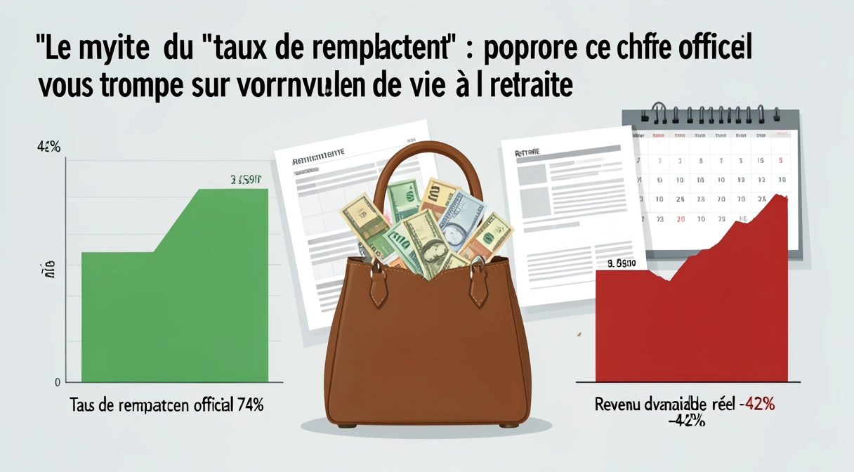 Graphique comparatif montrant un taux de remplacement officiel de 74% face à une chute réelle du revenu disponible de plus de 40%, avec des pièces qui tombent d'un sac percé