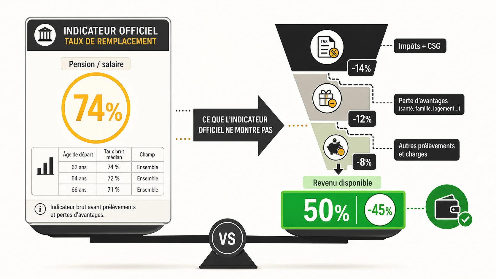 Capture d'écran du site de la DREES (Direction de la Recherche, des Études, de l'Évaluation et des Statistiques) montrant un tableau intitulé "Taux de remplacement nets par génération et par sexe" avec des chiffres autour de 74%
