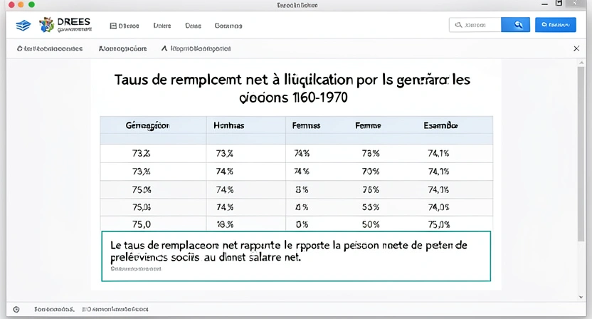 Capture d'écran du site de la DREES (Direction de la Recherche, des Études, de l'Évaluation et des Statistiques) montrant un tableau intitulé "Taux de remplacement nets par génération et par sexe" avec des chiffres autour de 74%