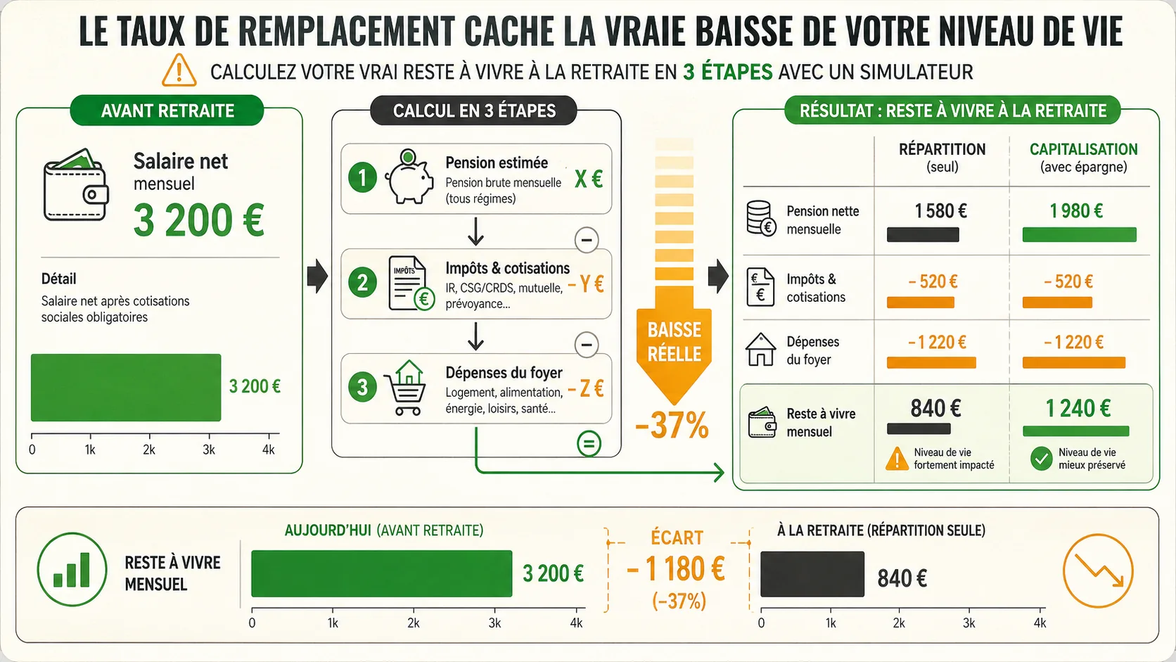 Capture d'écran du simulateur Simuler Ma Retraite montrant les champs de saisie pour le salaire net, l'âge, la situation familiale et un tableau de résultats comparant répartition et capitalisation